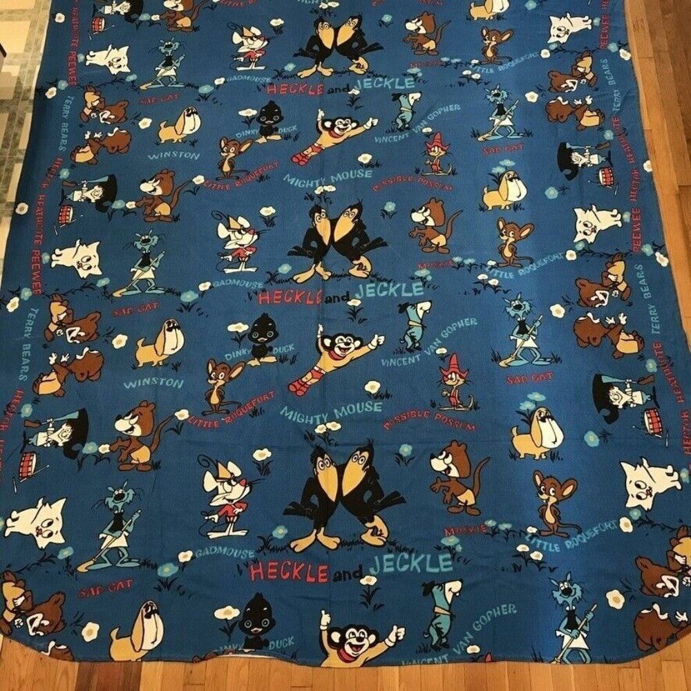 Terry Tunes Vintage Bedspread Mighty Mouse Heckle Jeckle Blue Queen
